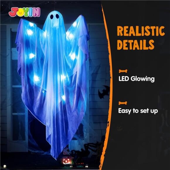 Halloween Hanging Light up Ghost with Spooky Blue LED Light, 47” White Ghosts - Picture 3 of 8